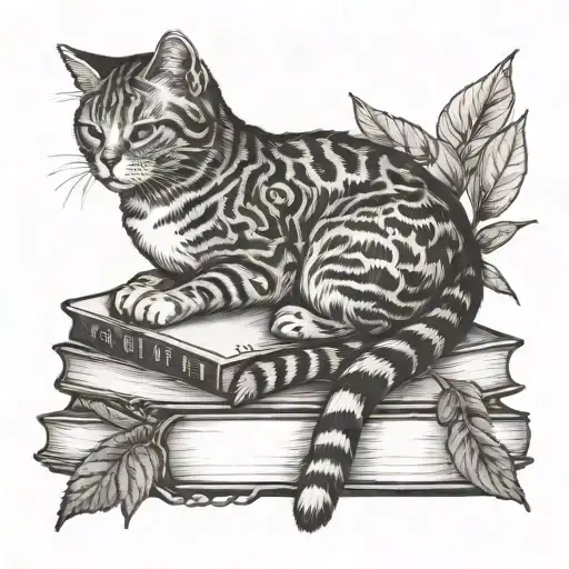 Cat Sleep With Books And Raspberry Plant