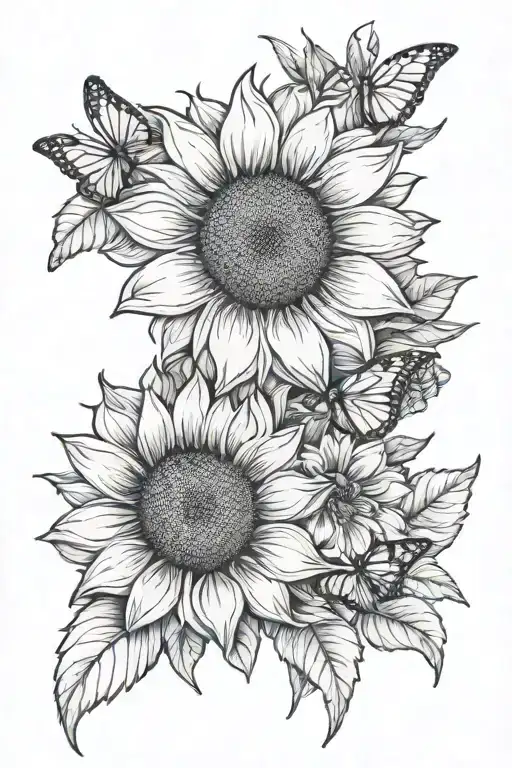 Flowers And Butterflies Surronding A Sunflower Blooming
