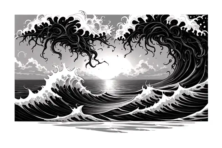 Waves Entwined With Oceanic Vines At Sunset