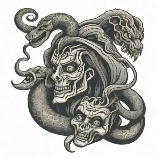 Theatre Masks Tragedy And Comedy With A Snake Going Through Their Eyes