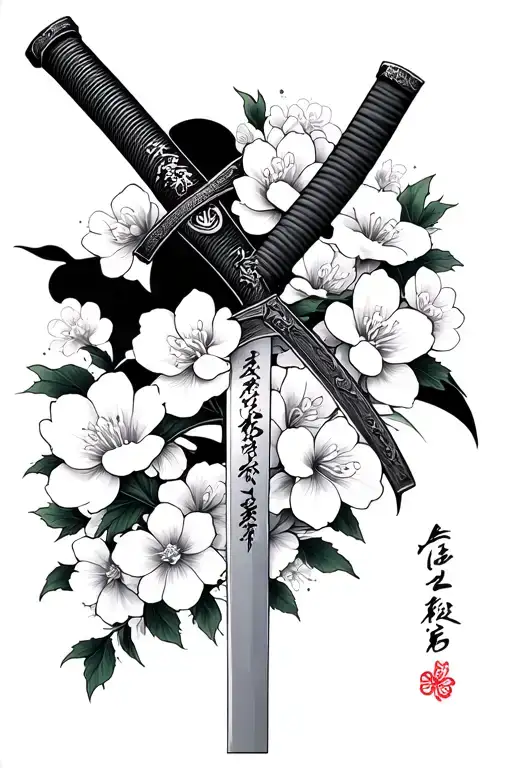 Whole Katana Samurai Sword With Sakura Flowers Black And White