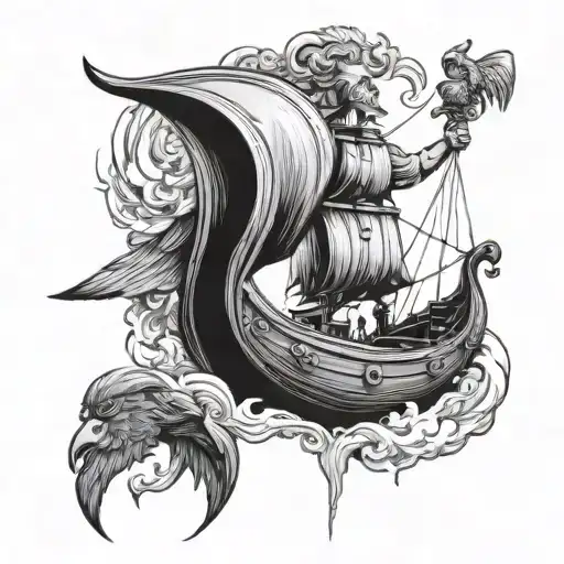 Old Man Viking Ship With Hawk And Ship Merged Together