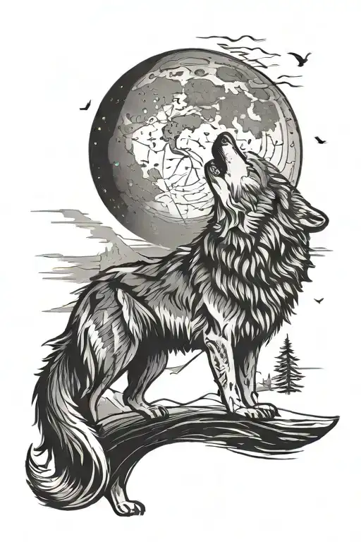 Minimalist Wolf Howling At The Moon In The Mountains