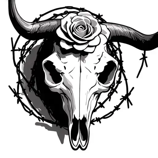 Longhorn Bull Skull A Small Rose Center Forehead With Barbed Wire Wrapped Around Horns
