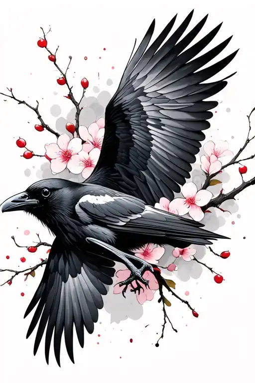 Raven Flying With Ink Splatter Cherry Blossom