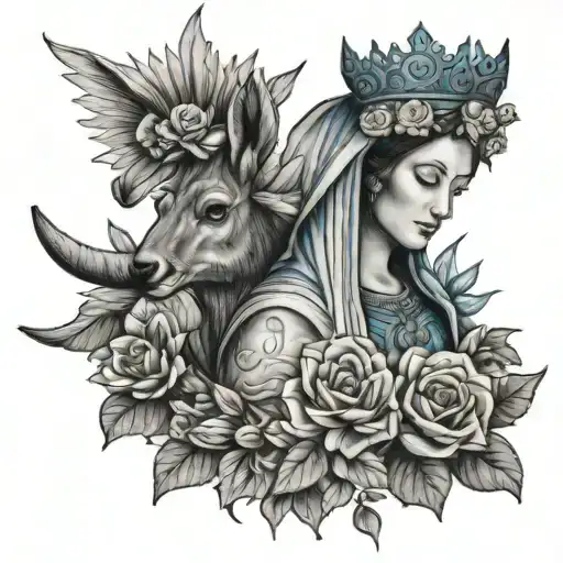Virgen Riding A Blue Dear With A Crown Of Flowers