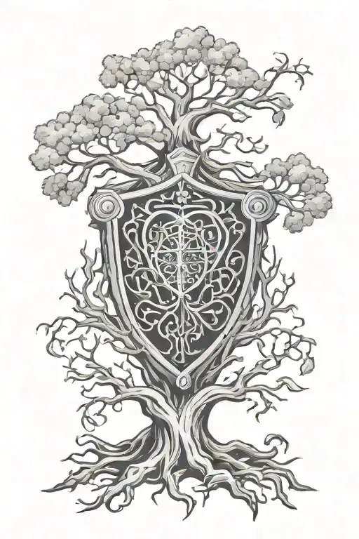 Shield Growing Out Of A Twisted Lovcraftian Tree Of Life