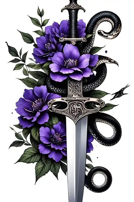 Sword With Snake And Purple Flowers