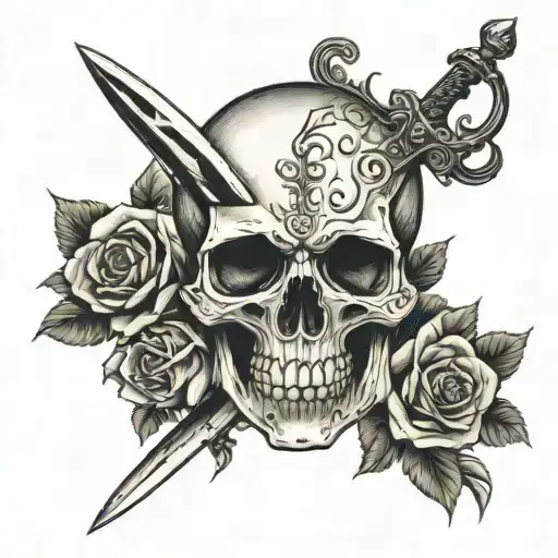 Skull Sitting In Bed Of Roses With A Dagger Stabbed Through The Top