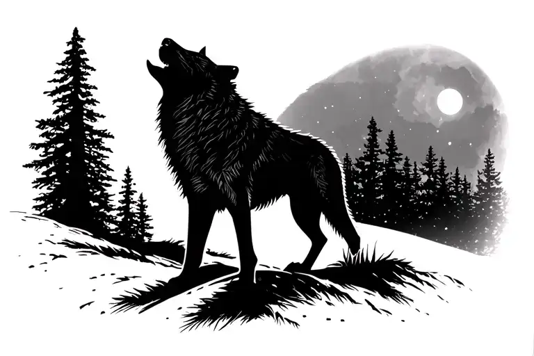 Wolf Silhouette Howling On A Hill With The Light From The Moon Outlining The Wolf