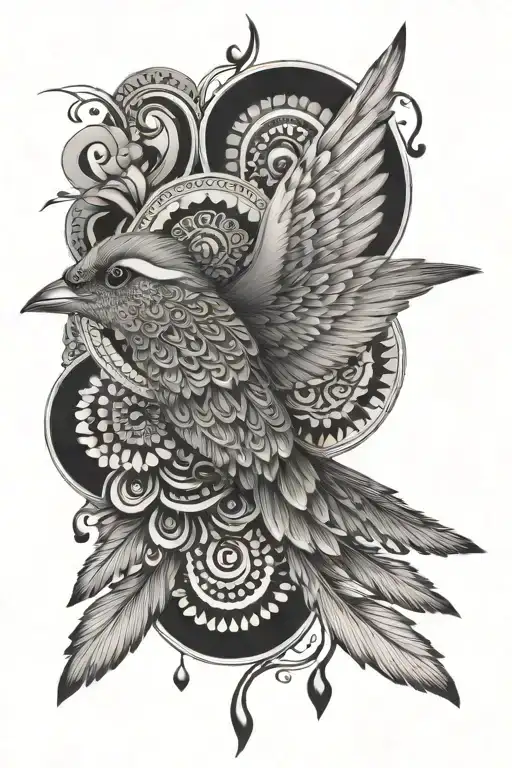 Bird Flying And Mandala Design Incorporating