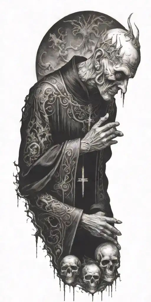 A Haunting Image Of A Priest Communing With Demonic Entities In A Ritualistic Setting