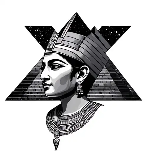 Nefertiti Portrait Style Tattoo With Galaxy Background And Pyramids