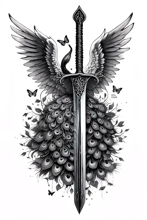Angel And Dark Angel Wings Butterfly And Peacock Four Wings Sword Of Truth Down Middle Back