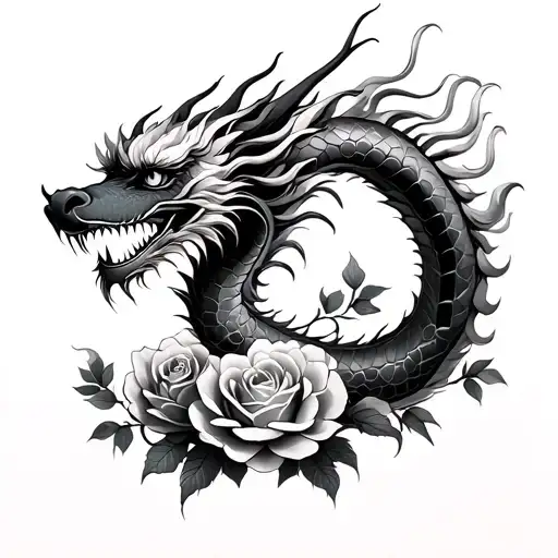Chinese Dragon In Roses