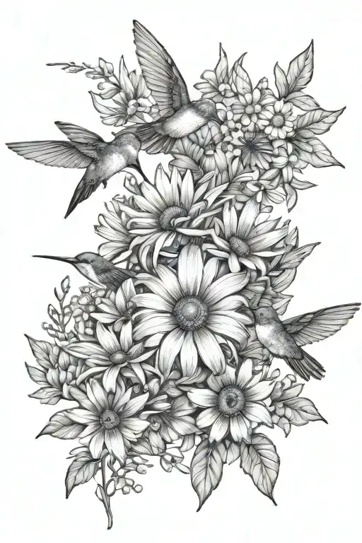 Nature Tattoo Outline Including Humming Birds And Daisies