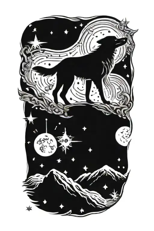 A Black-grey Tattoo Of A Dog Howling At The Moon Surrounded By Stars