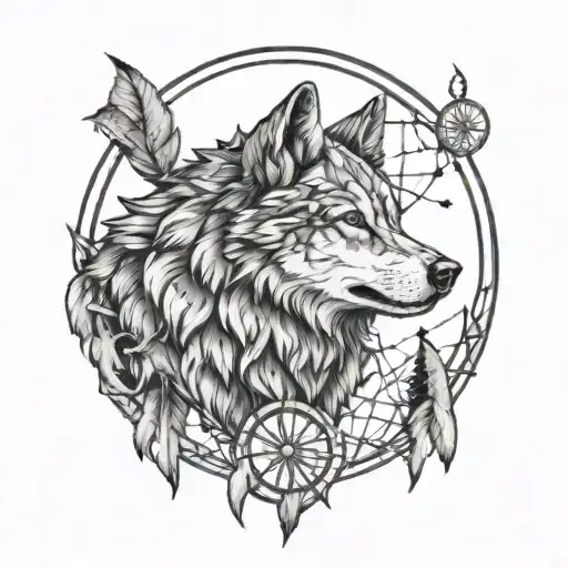 Dreamcatcher Wolf Made Of String Howling At Moon