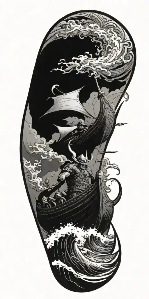 A Sinister Depiction Of A Devil Riding A Viking Ship Through Stormy Seas