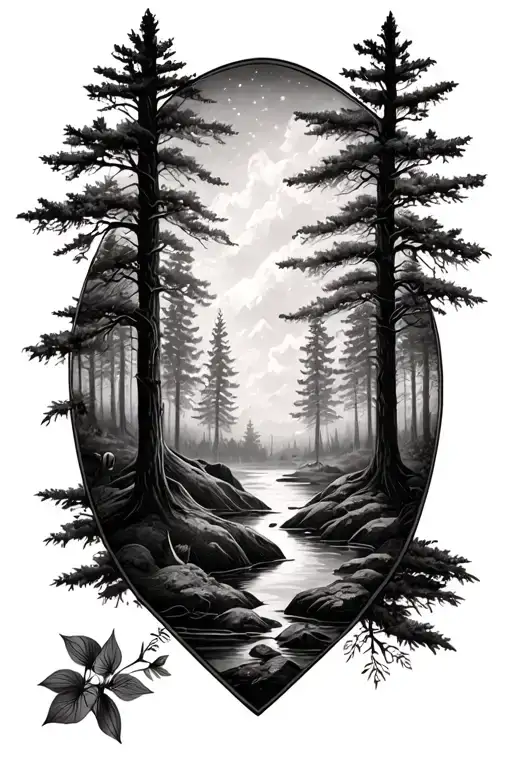 Black And White Upper Arm Sleeve Tattoo With Forest Without Animals