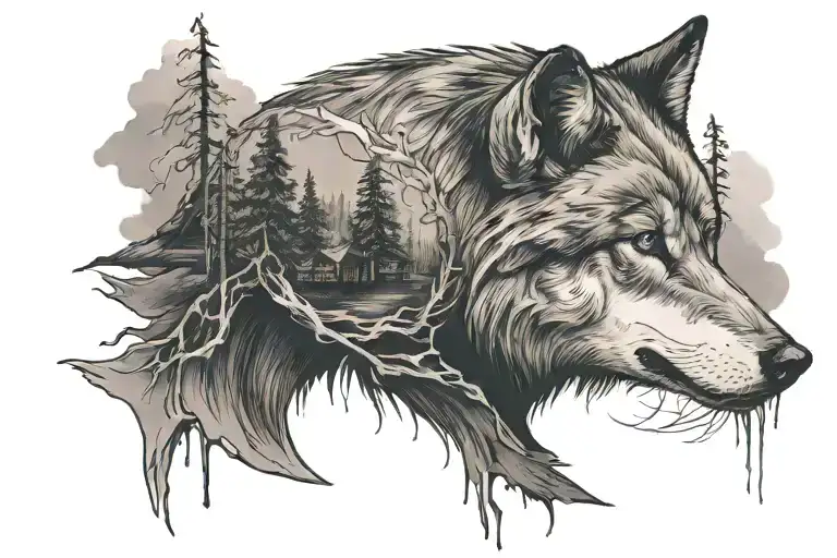 Wolf And Cabin Surrounded