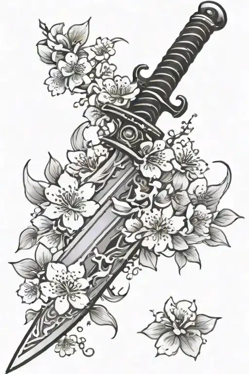 Black Samura Sword With Cherry Blossom Petals Falling