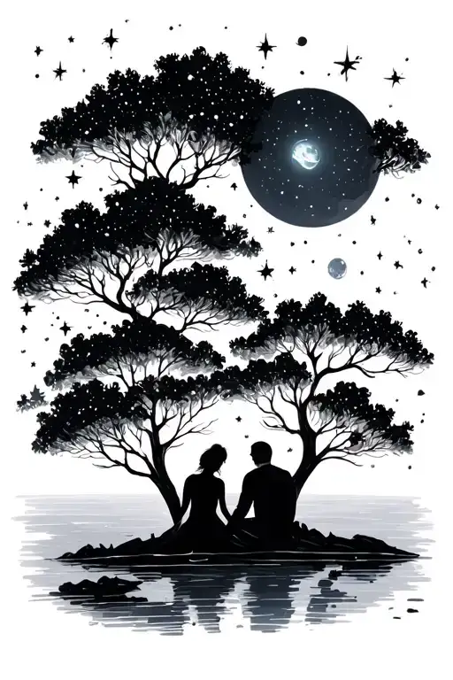 Dark Trees Couple Sitting By Lake Stars And Planets Above