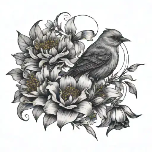 Nightingale Bird With Lily If The Valley Rose Poppy Flowers