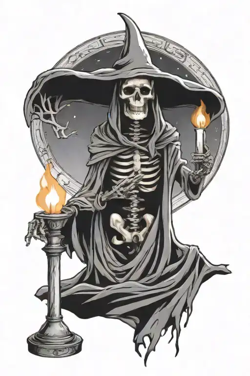The Hermit Tarot Card Skeleton Profile Walking Holding Candle Light