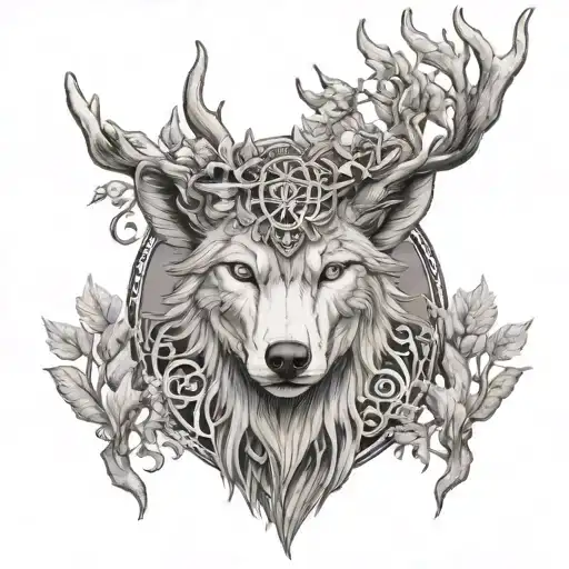 Wolf Yggdrasil Woman With Antlers Earth