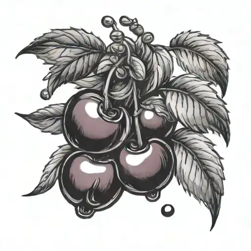 Cherries With Bow Tie Shaped Stems And Little Hearts In The Cherries