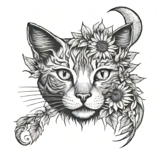 Cat And Moon And Sunflower