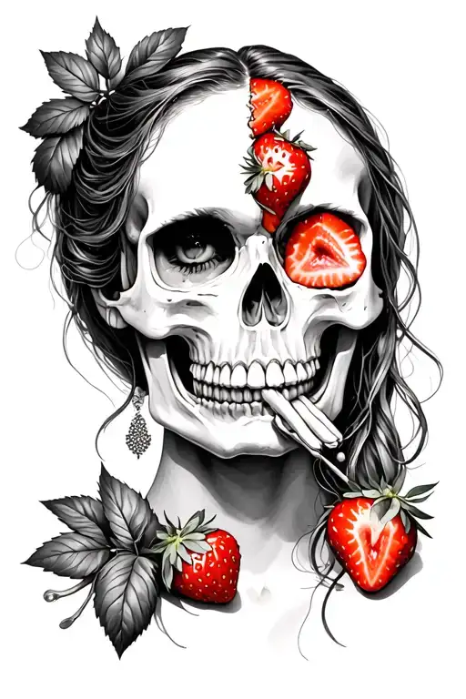Half Women Half Skull Eating Strawberries As A Form Purification