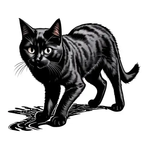 Black Walking Cat With Scary Cat Shadow Under It But Exactly Look Like It