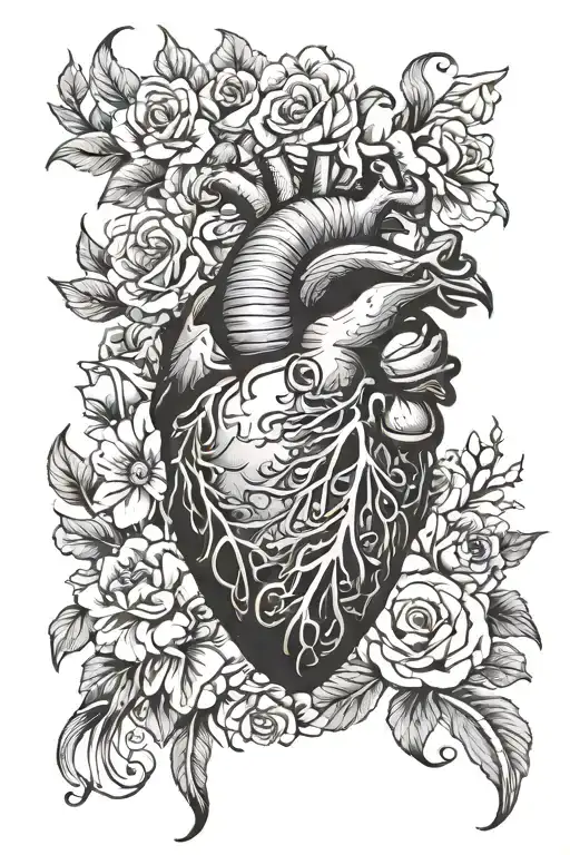 Anatomical Heart With Flowers And Phoenix Rising