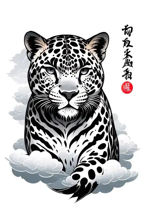 Japanese Style Cloud Background With Traditional American Tattoo Design Leopard