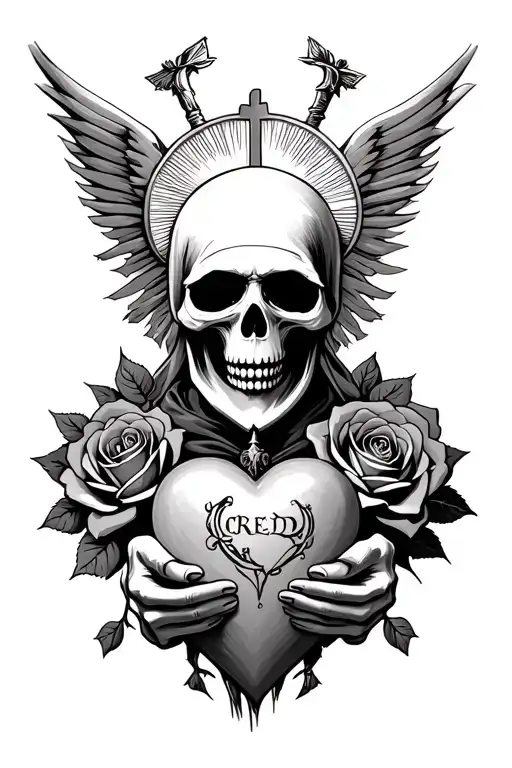 Realistic Grim Reaper Holding A Sacred Heart With Creed Above It Background With Roses