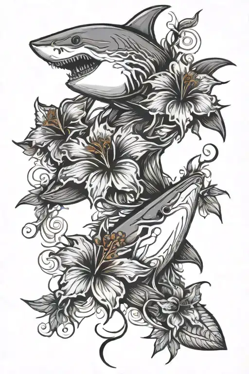 Shark Outline And Hibiscus Flower Fine Line Vertical