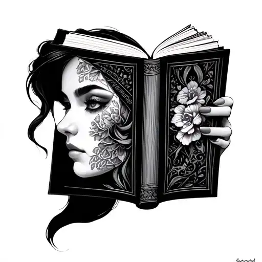 Women's Face Profile Holding Open Book Surrounded