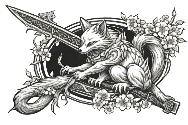 Nine Tailed Fox With Cherry Blossom Tree And A Sword