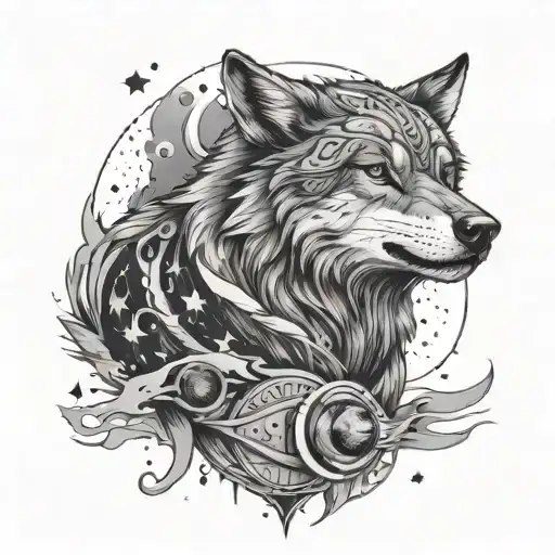 A Strong Wolf With Cosmic Theme And A Text Saying 1 Of 1 For Half Sleeve Length From Wrist To Elbow