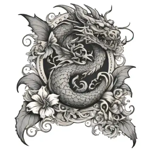 Dragon With Butterflies And Flowers Blooming