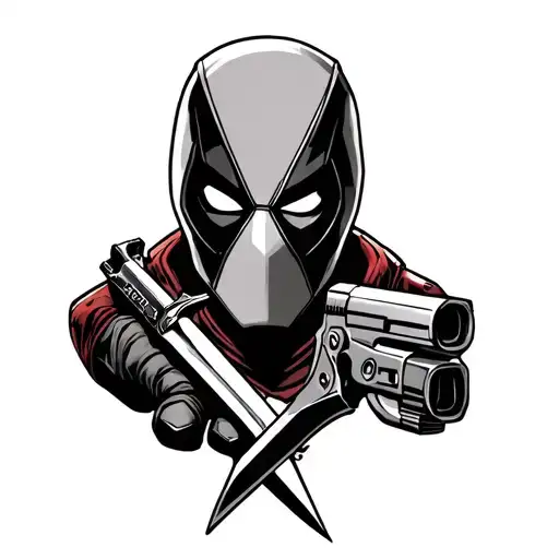 New School Deadpool Tattoo Just The Head With A Gun In One Hand And A Sword Through His Temple