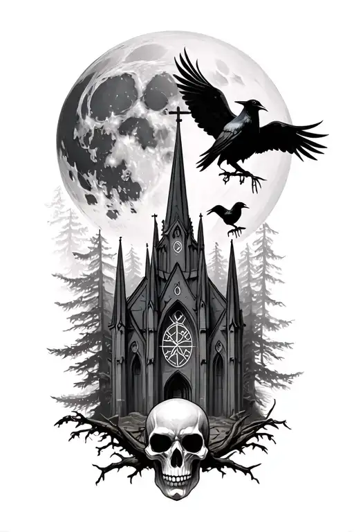 Forest With Cathedral A Large Moon Crows And A Skull With Runes