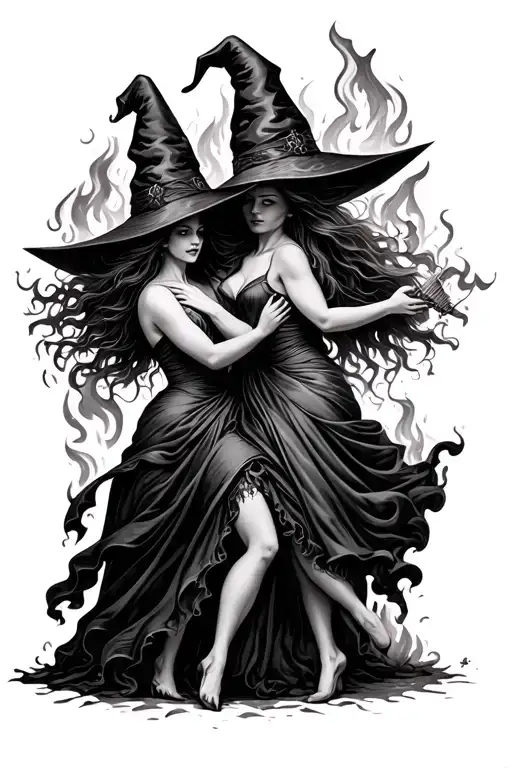 Witches Dancing Together Around Fire