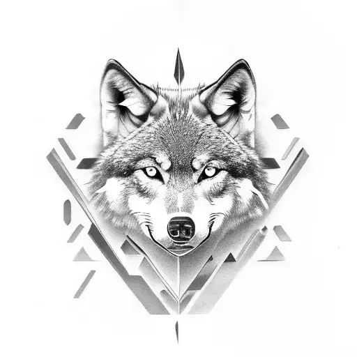 A Black-grey Tattoo Featuring A Wolf Face With Geometric Elements