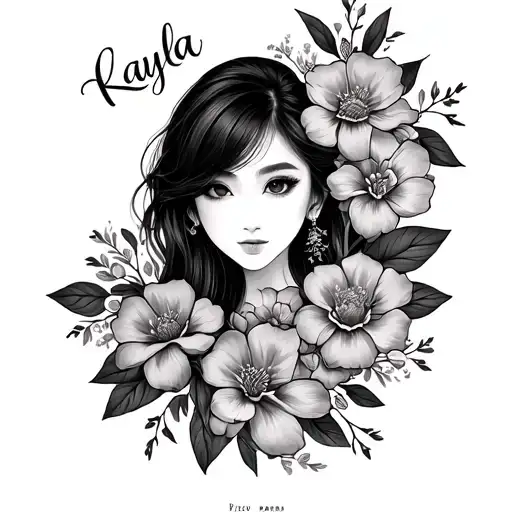 Kayla Name With Asian Face And Flowers Intertwined