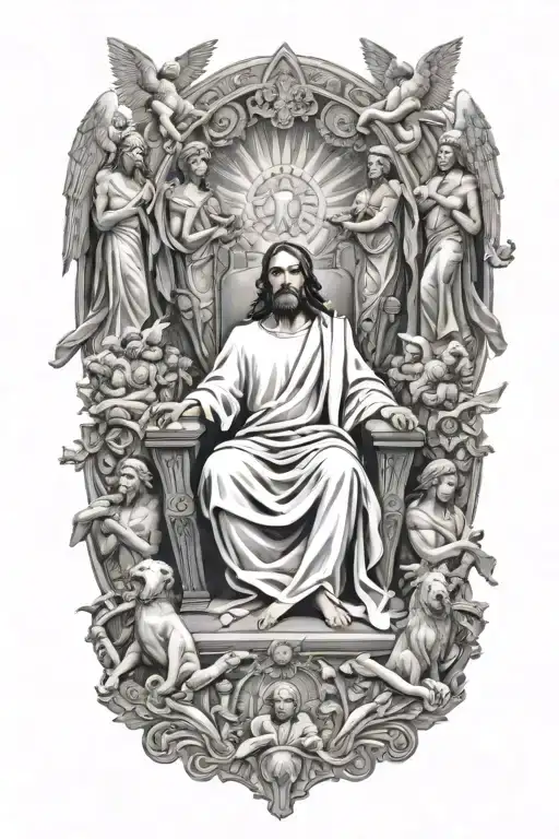 Jesus On The Throne In Heaven Surrounded By Archangels