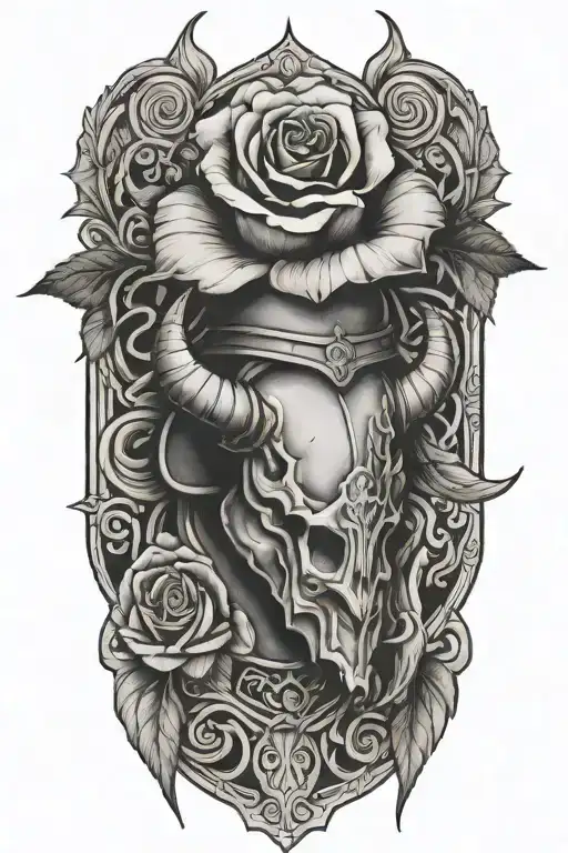 Single Rose Growing Out Of Knight Helmet With Bull's Horns