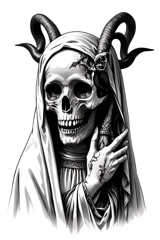 Veiled Virgin Mary Skull And Rotting Flesh With Goat Four Horns